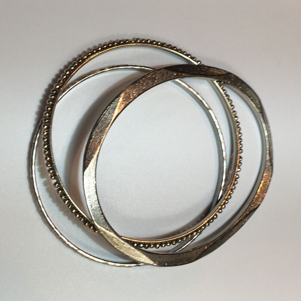 3 Silver Tone Bracelets - 8in Oval 8.5in Round Metal Bangle Lot of Three